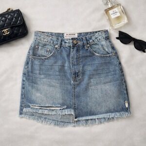 ONE TEASPOON Distressed Denim Skirt Blue Frayed Raw Hem Cutoff Size 25 Y2K